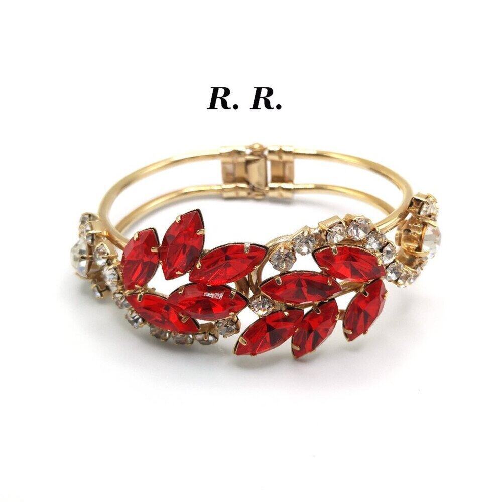 Vintage Designer Red Clear Rhinestone Hinged Bracelet, 7 1/2 Inches, Signed RR